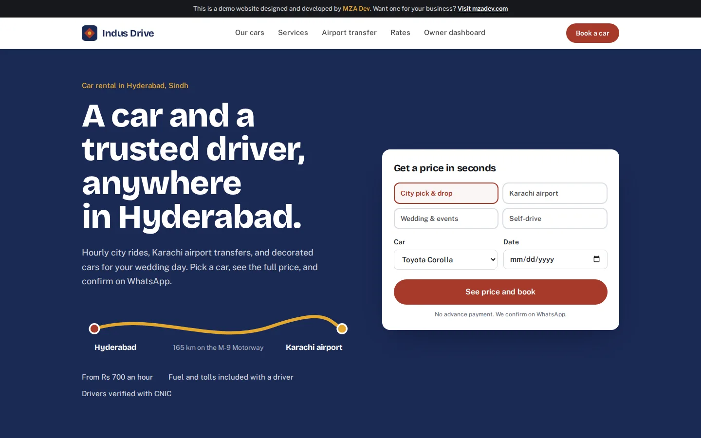 Indus Drive car rental website homepage for Hyderabad with instant price widget