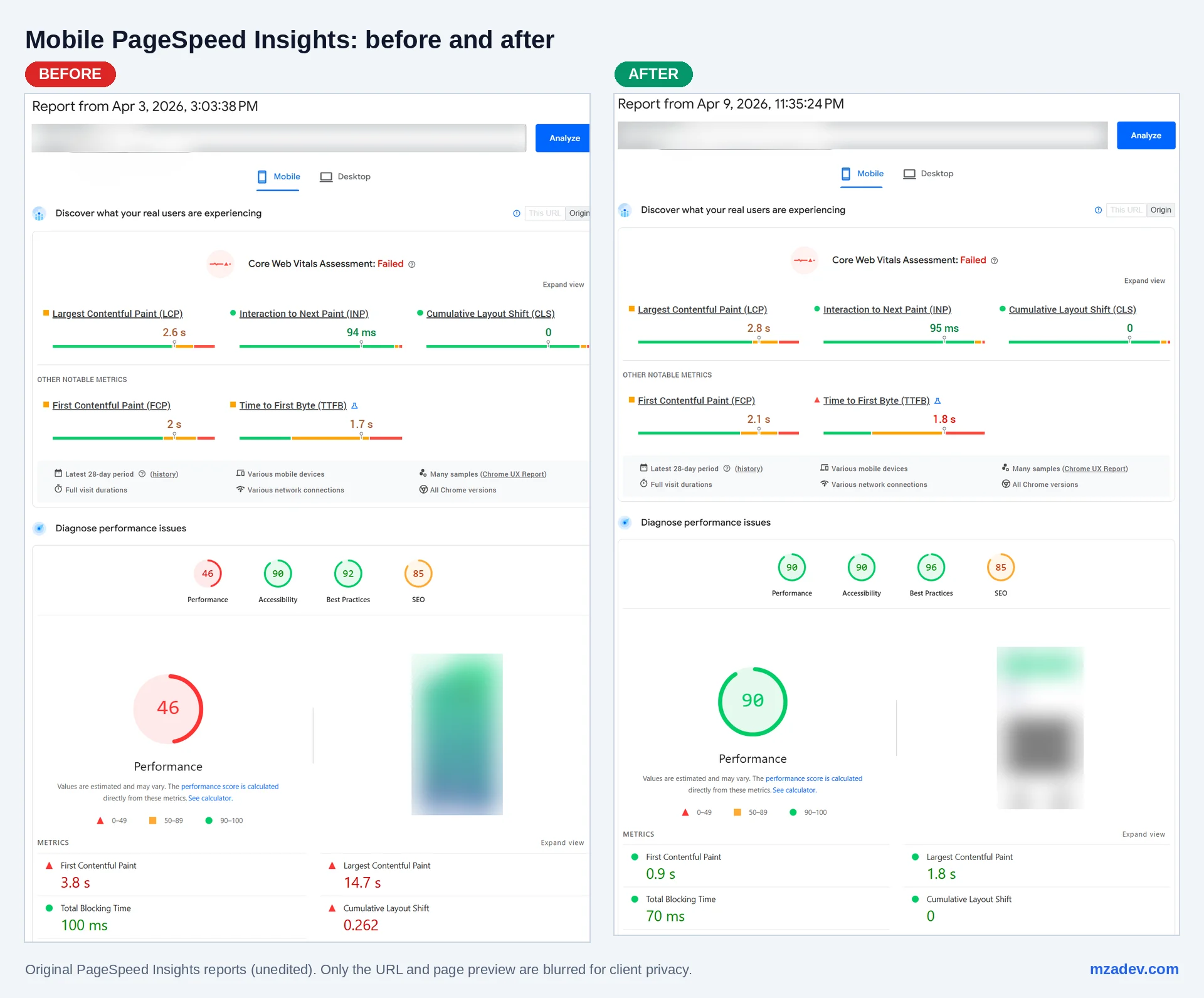 Original PageSpeed Insights reports before and after the WordPress speed fix, with the URL blurred